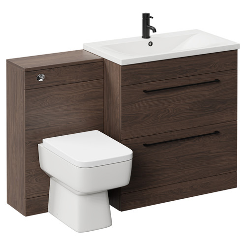 Napoli Brown Oak 1300mm Vanity Unit Toilet Suite with 1 Tap Hole Basin and 2 Drawers with Matt Black Handles Left Hand View