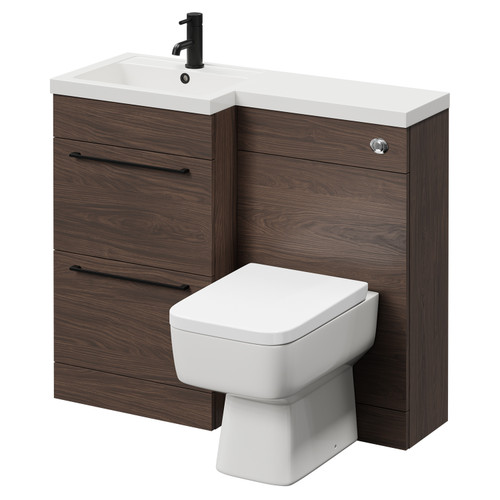 Napoli Combination Brown Oak 1000mm Vanity Unit Toilet Suite with Left Hand L Shaped 1 Tap Hole Basin and 2 Drawers with Matt Black Handles Right Hand View