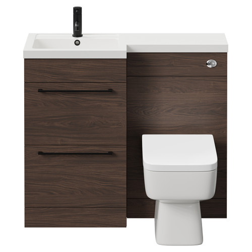 Napoli Combination Brown Oak 1000mm Vanity Unit Toilet Suite with Left Hand L Shaped 1 Tap Hole Basin and 2 Drawers with Matt Black Handles Front View