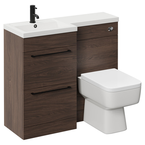 Napoli Combination Brown Oak 1000mm Vanity Unit Toilet Suite with Left Hand L Shaped 1 Tap Hole Basin and 2 Drawers with Matt Black Handles Left Hand View