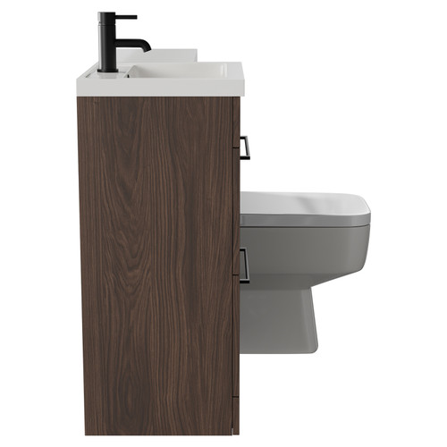 Napoli Combination Brown Oak 1000mm Vanity Unit Toilet Suite with Left Hand L Shaped 1 Tap Hole Basin and 2 Drawers with Matt Black Handles Side View