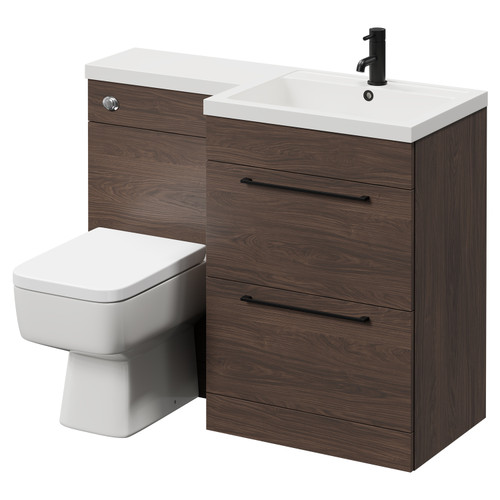 Napoli Combination Brown Oak 1100mm Vanity Unit Toilet Suite with Right Hand L Shaped 1 Tap Hole Basin and 2 Drawers with Matt Black Handles Right Hand View