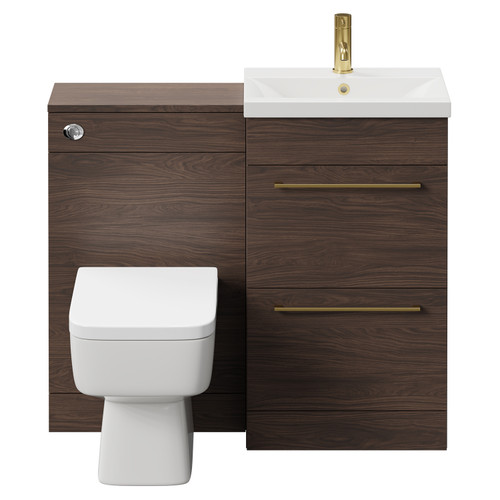 Napoli Brown Oak 1000mm Vanity Unit Toilet Suite with 1 Tap Hole Basin and 2 Drawers with Brushed Brass Handles Front View
