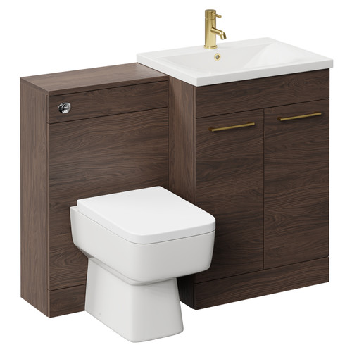 Napoli Brown Oak 1100mm Vanity Unit Toilet Suite with 1 Tap Hole Basin and 2 Doors with Brushed Brass Handles Left Hand View