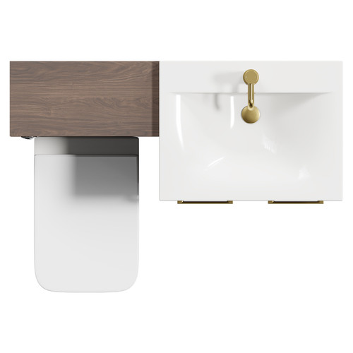 Napoli Brown Oak 1100mm Vanity Unit Toilet Suite with 1 Tap Hole Basin and 2 Doors with Brushed Brass Handles Top View
