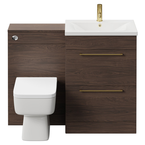 Napoli Brown Oak 1100mm Vanity Unit Toilet Suite with 1 Tap Hole Basin and 2 Drawers with Brushed Brass Handles Front View