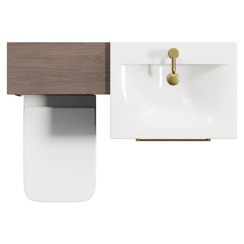 Napoli Brown Oak 1100mm Vanity Unit Toilet Suite with 1 Tap Hole Basin and 2 Drawers with Brushed Brass Handles Top View