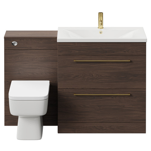 Napoli Brown Oak 1300mm Vanity Unit Toilet Suite with 1 Tap Hole Basin and 2 Drawers with Brushed Brass Handles Front View