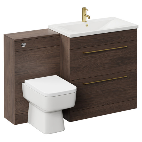 Napoli Brown Oak 1300mm Vanity Unit Toilet Suite with 1 Tap Hole Basin and 2 Drawers with Brushed Brass Handles Left Hand View
