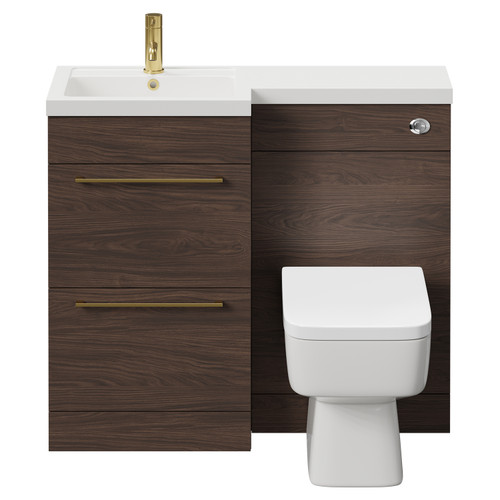 Napoli Combination Brown Oak 1000mm Vanity Unit Toilet Suite with Left Hand L Shaped 1 Tap Hole Basin and 2 Drawers with Brushed Brass Handles Front View