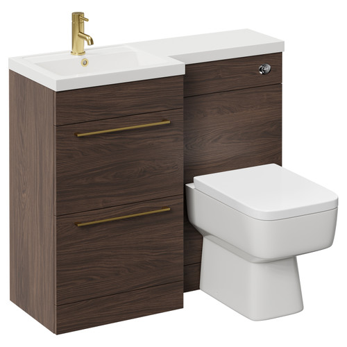 Napoli Combination Brown Oak 1000mm Vanity Unit Toilet Suite with Left Hand L Shaped 1 Tap Hole Basin and 2 Drawers with Brushed Brass Handles Left Hand View