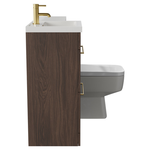 Napoli Combination Brown Oak 1000mm Vanity Unit Toilet Suite with Left Hand L Shaped 1 Tap Hole Basin and 2 Drawers with Brushed Brass Handles Side View