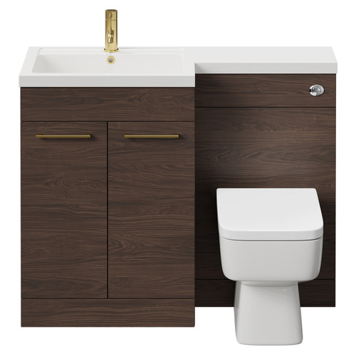 Napoli Combination Brown Oak 1100mm Vanity Unit Toilet Suite with Left Hand L Shaped 1 Tap Hole Basin and 2 Doors with Brushed Brass Handles Front View