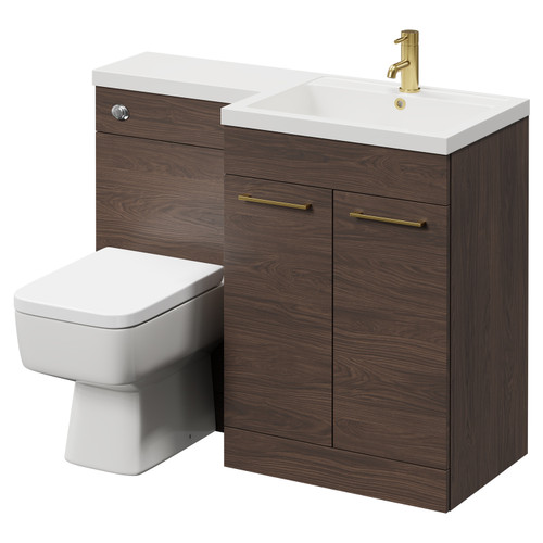 Napoli Combination Brown Oak 1100mm Vanity Unit Toilet Suite with Right Hand L Shaped 1 Tap Hole Basin and 2 Doors with Brushed Brass Handles Right Hand View