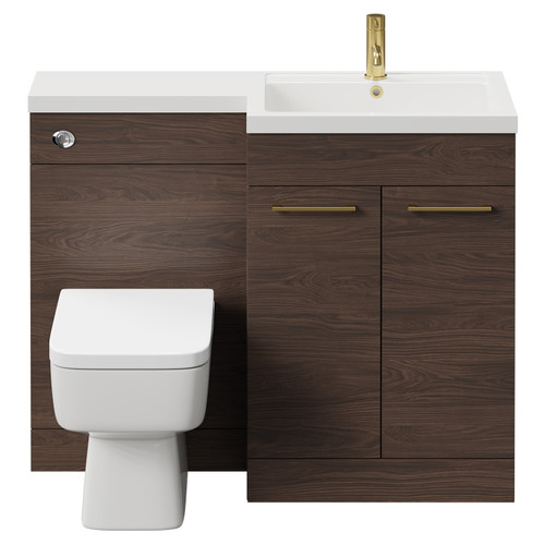 Napoli Combination Brown Oak 1100mm Vanity Unit Toilet Suite with Right Hand L Shaped 1 Tap Hole Basin and 2 Doors with Brushed Brass Handles Front View