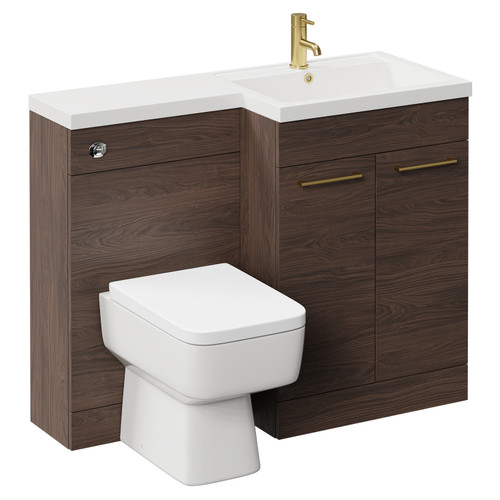 Napoli Combination Brown Oak 1100mm Vanity Unit Toilet Suite with Right Hand L Shaped 1 Tap Hole Basin and 2 Doors with Brushed Brass Handles Left Hand View