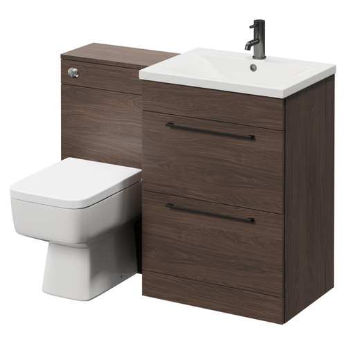 Napoli Brown Oak 1100mm Vanity Unit Toilet Suite with 1 Tap Hole Basin and 2 Drawers with Gunmetal Grey Handles Right Hand View