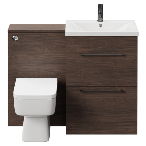 Napoli Brown Oak 1100mm Vanity Unit Toilet Suite with 1 Tap Hole Basin and 2 Drawers with Gunmetal Grey Handles Front View