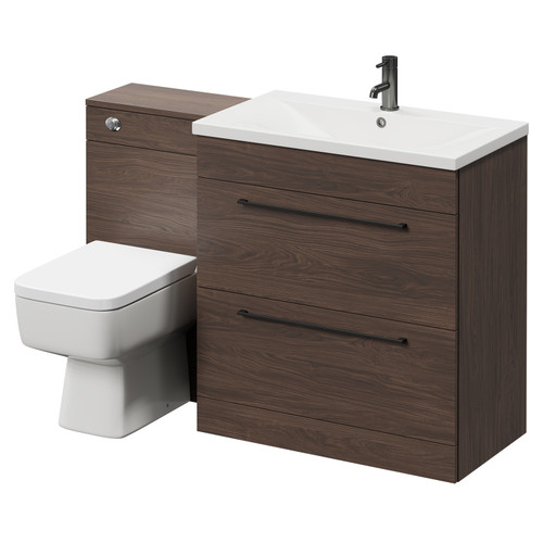 Napoli Brown Oak 1300mm Vanity Unit Toilet Suite with 1 Tap Hole Basin and 2 Drawers with Gunmetal Grey Handles Right Hand View