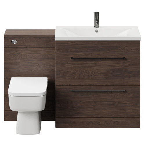 Napoli Brown Oak 1300mm Vanity Unit Toilet Suite with 1 Tap Hole Basin and 2 Drawers with Gunmetal Grey Handles Front View