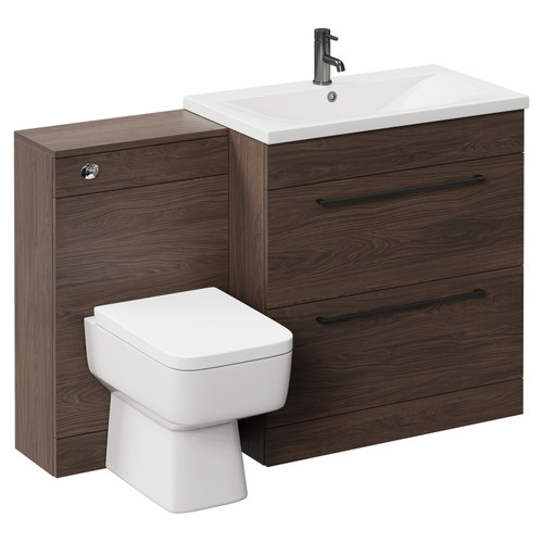 Napoli Brown Oak 1300mm Vanity Unit Toilet Suite with 1 Tap Hole Basin and 2 Drawers with Gunmetal Grey Handles Left Hand View