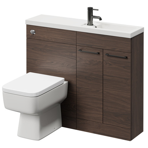 Napoli Combination Brown Oak 1000mm Vanity Unit Toilet Suite with Slimline 1 Tap Hole Basin and 2 Doors with Gunmetal Grey Handles Right Hand View