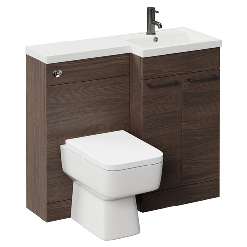 Napoli Combination Brown Oak 1000mm Vanity Unit Toilet Suite with Right Hand L Shaped 1 Tap Hole Basin and 2 Doors with Gunmetal Grey Handles Left Hand View