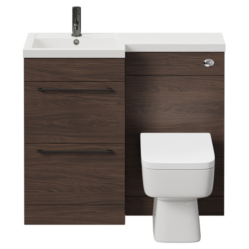 Napoli Combination Brown Oak 1000mm Vanity Unit Toilet Suite with Left Hand L Shaped 1 Tap Hole Basin and 2 Drawers with Gunmetal Grey Handles Front View