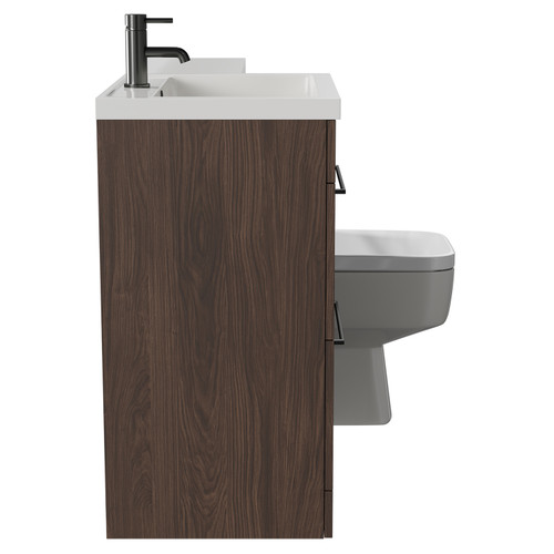 Napoli Combination Brown Oak 1100mm Vanity Unit Toilet Suite with Left Hand L Shaped 1 Tap Hole Basin and 2 Drawers with Gunmetal Grey Handles Side View