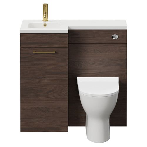 Napoli Combination Brown Oak 900mm Vanity Unit Toilet Suite with Left Hand L Shaped 1 Tap Hole Round Basin and Single Door with Brushed Brass Handle Front View