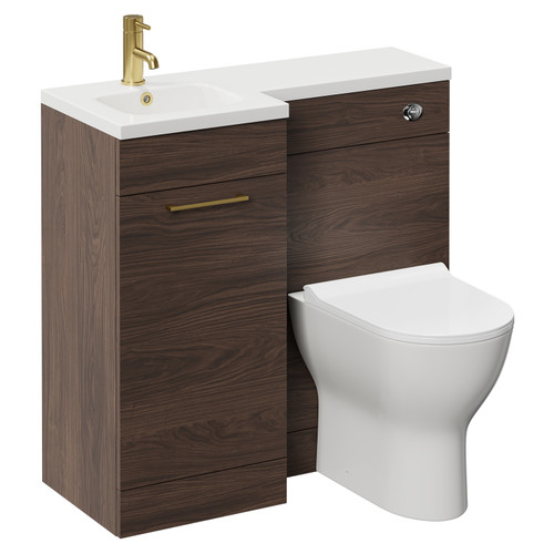 Napoli Combination Brown Oak 900mm Vanity Unit Toilet Suite with Left Hand L Shaped 1 Tap Hole Round Basin and Single Door with Brushed Brass Handle Left Hand View