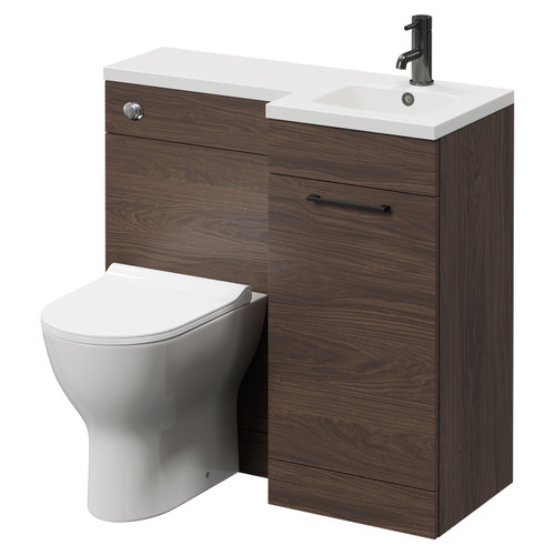 Napoli Combination Brown Oak 900mm Vanity Unit Toilet Suite with Right Hand L Shaped 1 Tap Hole Round Basin and Single Door with Gunmetal Grey Handle Right Hand View