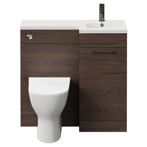 Napoli Combination Brown Oak 900mm Vanity Unit Toilet Suite with Right Hand L Shaped 1 Tap Hole Round Basin and Single Door with Gunmetal Grey Handle Front View