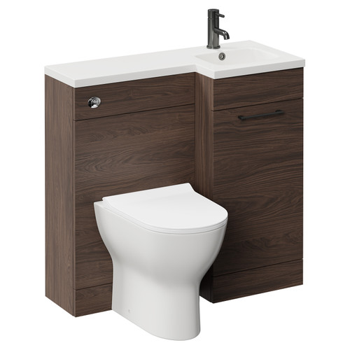 Napoli Combination Brown Oak 900mm Vanity Unit Toilet Suite with Right Hand L Shaped 1 Tap Hole Round Basin and Single Door with Gunmetal Grey Handle Left Hand View