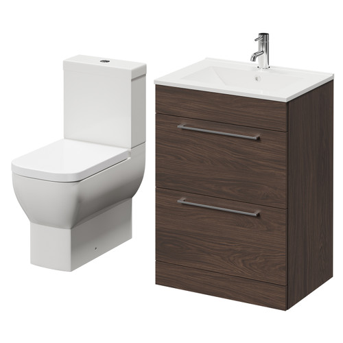 Napoli Brown Oak 600mm Vanity Unit and Toilet Suite including Tacoma Close Coupled Toilet and Floor Standing Vanity Unit with 2 Drawers and Chrome Handles Right Hand View