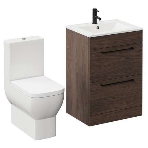Napoli Brown Oak 600mm Vanity Unit and Toilet Suite including Tacoma Close Coupled Toilet and Floor Standing Vanity Unit with 2 Drawers and Matt Black Handles Left Hand View