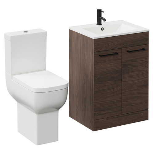 Napoli Brown Oak 600mm Vanity Unit and Toilet Suite including Tacoma Comfort Height Toilet and Floor Standing Vanity Unit with 2 Doors and Matt Black Handles Left Hand View