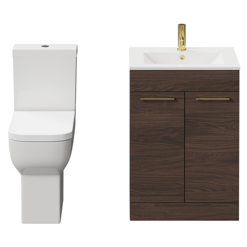 Napoli Brown Oak 600mm Vanity Unit and Toilet Suite including Tacoma Comfort Height Toilet and Floor Standing Vanity Unit with 2 Doors and Brushed Brass Handles Front View