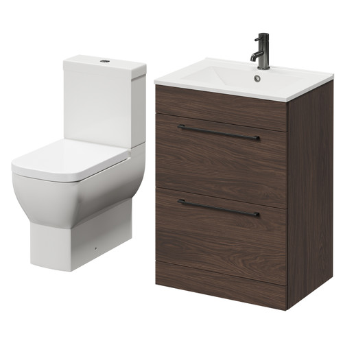 Napoli Brown Oak 600mm Vanity Unit and Toilet Suite including Tacoma Close Coupled Toilet and Floor Standing Vanity Unit with 2 Drawers and Gunmetal Grey Handles Right Hand View