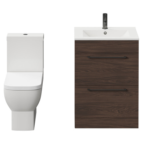Napoli Brown Oak 600mm Vanity Unit and Toilet Suite including Tacoma Close Coupled Toilet and Floor Standing Vanity Unit with 2 Drawers and Gunmetal Grey Handles Front View