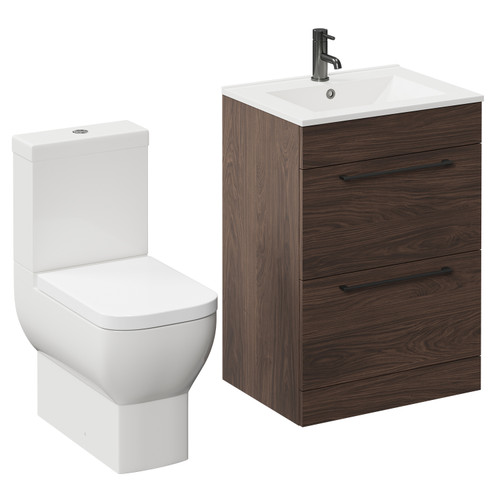 Napoli Brown Oak 600mm Vanity Unit and Toilet Suite including Tacoma Close Coupled Toilet and Floor Standing Vanity Unit with 2 Drawers and Gunmetal Grey Handles Left Hand View