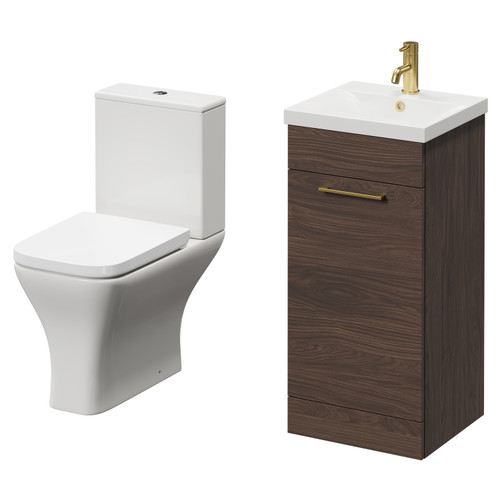 Napoli Brown Oak 400mm Vanity Unit and Toilet Suite including Kingston Rimless Close Coupled Toilet and Floor Standing Vanity Unit with Single Door and Brushed Brass Handle Right Hand View
