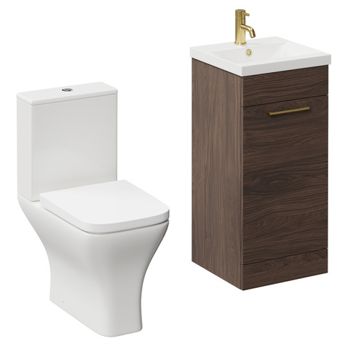 Napoli Brown Oak 400mm Vanity Unit and Toilet Suite including Kingston Rimless Close Coupled Toilet and Floor Standing Vanity Unit with Single Door and Brushed Brass Handle Left Hand View