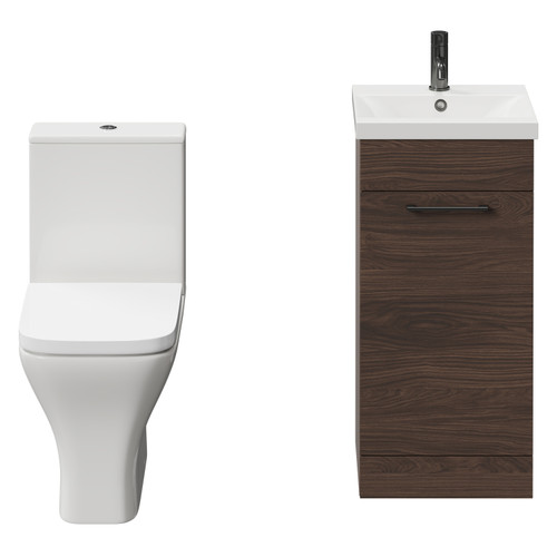 Napoli Brown Oak 400mm Vanity Unit and Toilet Suite including Kingston Rimless Close Coupled Toilet and Floor Standing Vanity Unit with Single Door and Gunmetal Grey Handle Front View