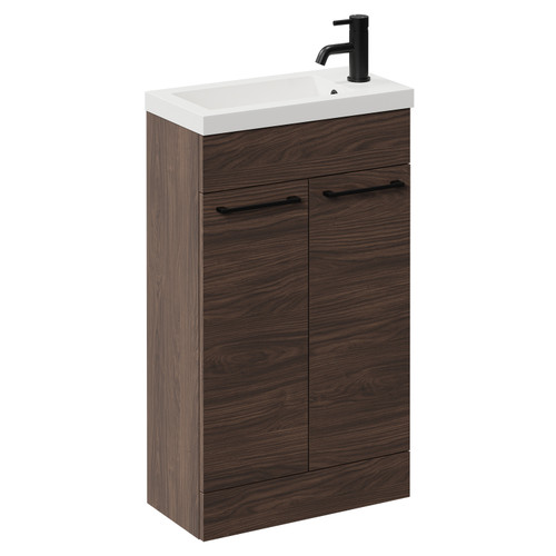 Napoli Brown Oak 500mm Slimline Floor Standing 2 Door Vanity Unit with Basin and Matt Black Handles Left Hand View