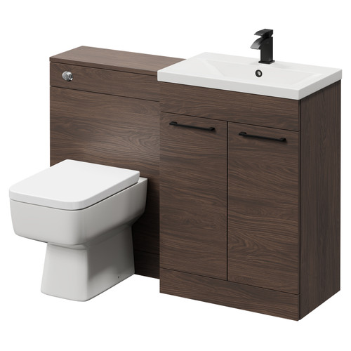 Napoli Cento 390 Brown Oak 1200mm Wall Mounted Vanity Unit Toilet Suite with 1 Tap Hole Basin and 2 Drawers with Matt Black Handles Right Hand View