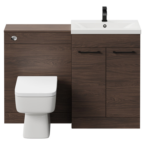 Napoli Cento 390 Brown Oak 1200mm Wall Mounted Vanity Unit Toilet Suite with 1 Tap Hole Basin and 2 Drawers with Matt Black Handles Front View