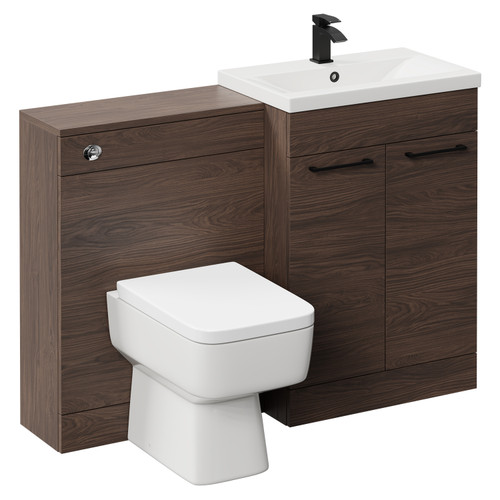 Napoli Cento 390 Brown Oak 1200mm Wall Mounted Vanity Unit Toilet Suite with 1 Tap Hole Basin and 2 Drawers with Matt Black Handles Left Hand View