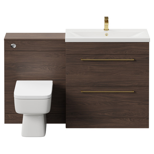 Napoli Cento 390 Brown Oak 1400mm Vanity Unit Toilet Suite with 1 Tap Hole Basin and 2 Drawers with Brushed Brass Handles Front View