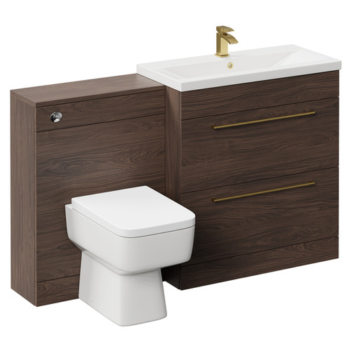 Napoli Cento 390 Brown Oak 1400mm Vanity Unit Toilet Suite with 1 Tap Hole Basin and 2 Drawers with Brushed Brass Handles Left Hand View